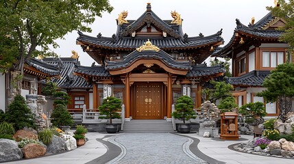 Chinese temple entrance with dragon rooftop carvings high resolution images
