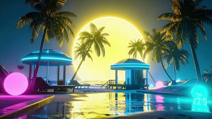Palm trees and futuristic, neon lit cabanas glow on a tropical beach.