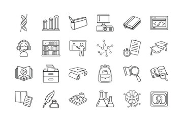 Education and Science Line Art Icons Set &ndash;Vector Collection of School, Learning, and Research Symbols