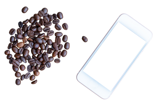 Coffee beans and smartphone isolated on white background