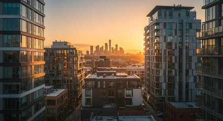 Fototapeta premium Warm Sunset Over Modern City Skyline