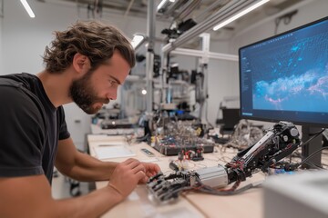 Engineer calibrates wearable device on mannequin limb in modern white laboratory