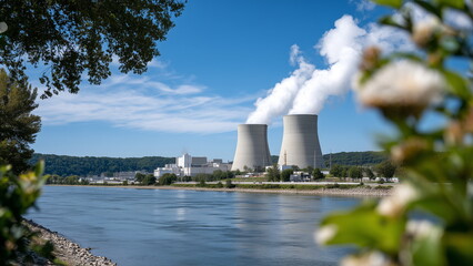 A modern nuclear power plant with large cooling towers releasing white steam into the sky, surrounded by greenery and a river, under a clear blue sky.