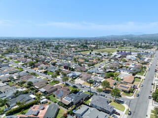 Day time aerial view of the Uptown area of Whittier with house and street, California, USA