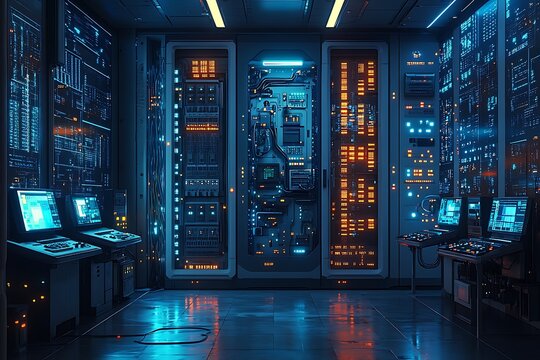 Modern data center server room illustrating digital technology infrastructure and network operations - Powered by Adobe