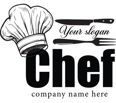 Pmodern chef logo template with customizable text, featuring hat, knife, and fork for culinary branding