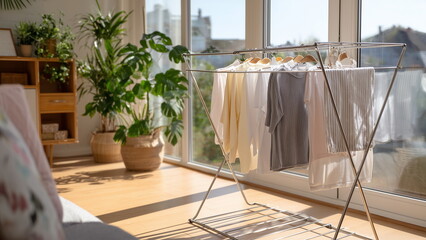 Drying clothes indoor, metal drying rack filled with freshly washed clothes placed near a large window in a cozy living room, indoor plants and a couch in the background.
