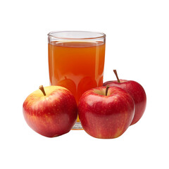 Fresh apple juice in a glass with whole and sliced apples isolated on a transparent background.