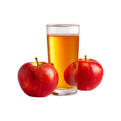 Fresh apple juice in a glass with whole and sliced apples isolated on a transparent background.