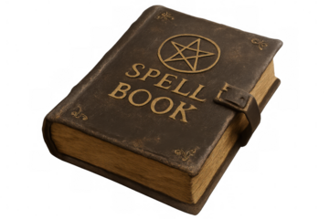 Old leather spell book with embossed pentagram and golden lettering isolated on transparent background, perfect for fantasy and witchcraft projects