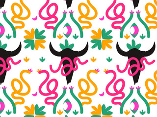 Boho Bull Skull and Snake Seamless background Pattern design