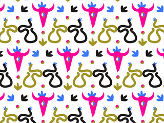 Stylised bulls and Floral Elements in a Seamless Repeating Pattern design