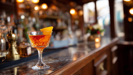 A classic cocktail glass filled with a vibrant amber drink, garnished with an orange twist, sitting on a polished wooden bar in a vintage-style lounge, and old liquor bottles lining the shelves.