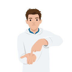 Man points at his palm with a serious expression, symbolizing urgency or request for clarification. Flat vector illustration isolated on white background