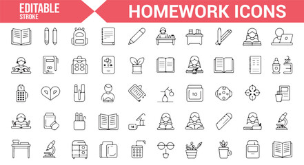 Vector Icons Representing Homework, School Tools, and Educational Materials