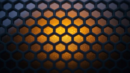 Abstract Hexagon Pattern Background Warm Golden Light Illuminates Dark Grid Geometric Design