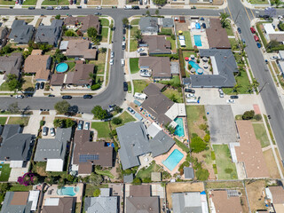 Day time aerial view of the Uptown area of Whittier with house and street, California, USA