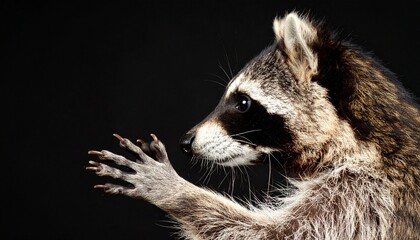 The visage and paws of a charming and affectionate raccoon, which can be a very formidable beast. Profile portrait of the excellent representative of the wild. 