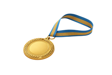 Golden medal with decorative laurel wreath border attached to blue and yellow striped ribbon, isolated on a transparent background