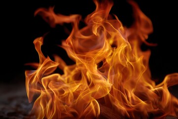 A closeup shot showcasing vibrant orange flames against a stark black backdrop emanating from a visible piece of wood