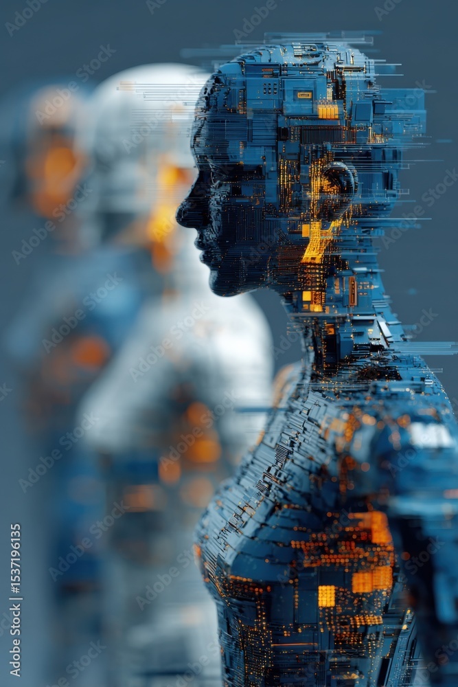 Aufkleber Digital Humanoid Figures in Profile View, Representing Artificial Intelligence and Technological Advancement for Future Innovation and Digital Transformation : Generative AI