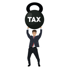 Stressed businessman struggling to lift a heavy kettlebell labeled TAX. Flat vector illustration isolated on white background