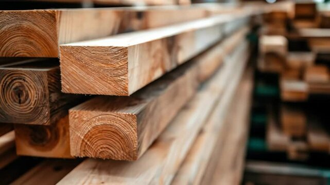 Stacked, cut lumber showing wood grain texture