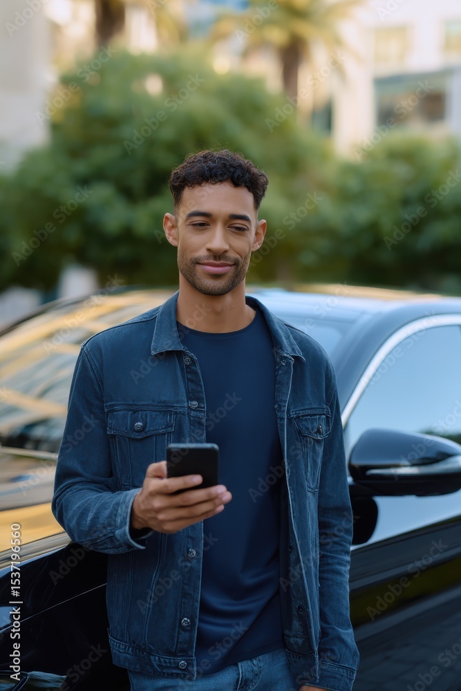 Poster Man Using Smartphone Leaning on Car, Representing Modern Connectivity and Mobile Communication for Business and Lifestyle Advertising : Generative AI