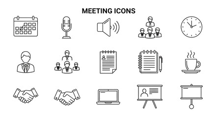 Comprehensive Set of Meeting Icons Calendar, Microphone, Speaker, Team, Clock, and More
