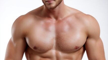 Fototapeta premium Close-Up of Muscular Man's Torso Against White Background, Representing Fitness and Healthy Lifestyle for Wellness Campaigns and Bodybuilding Promotions : Generative AI