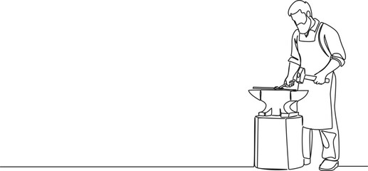 continuous single line drawing of blacksmith with hammer at anvil, line art vector illustration
