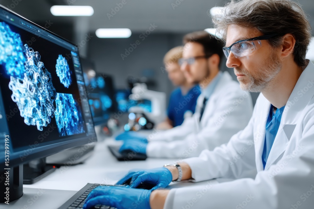 Aufkleber scientists working on computers in lab, analyzing data, representing medical breakthroughs and pharm
