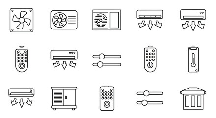 HVAC System Icons Air Conditioner, Fan, Remote, Thermostat Line Art Graphics