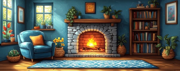 Cozy living room with a warm fireplace and vibrant furniture decor