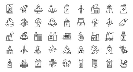 Sustainable Energy Icons Renewable Resources, Recycling, and Power Generation Line Art Collection