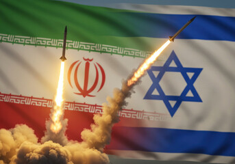Naklejka na ściany i meble Missiles fired between the flags of Israel and Iran