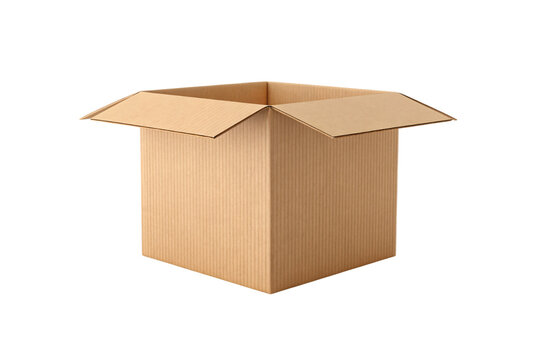 Empty brown cardboard box with four flaps open revealing hollow interior and corrugated texture, isolated on a transparent background