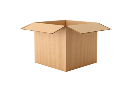 Empty brown cardboard box with four flaps open revealing hollow interior and corrugated texture, isolated on a transparent background
