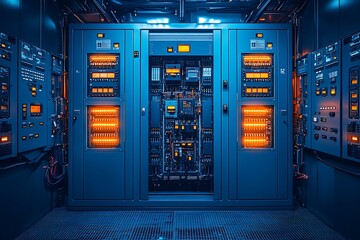 Server room interior with electrical equipment, illuminated panels, and technical infrastructure