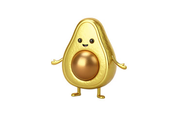 Cute golden avocado character with face, arms and legs, anthropomorphic fruit mascot with cheerful expression, isolated on a transparent background