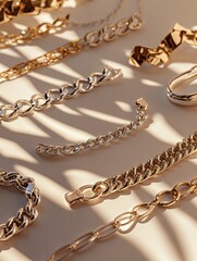 Elegant display of gold and silver jewelry arranged on a soft beige background under natural light