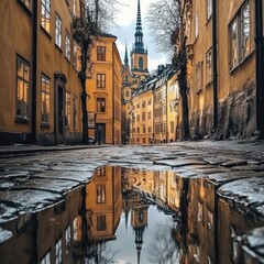 Obraz premium A narrow, charming European street, reflecting buildings in a puddle