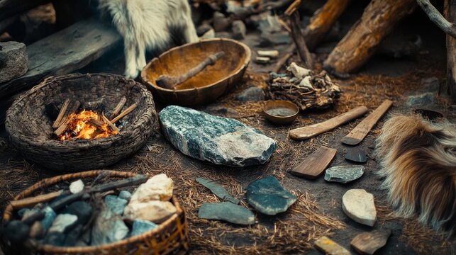 Explore ancient tools and survival techniques in this captivating image. Discover the artistry of primitive lifestyles and the beauty of nature. Generative AI