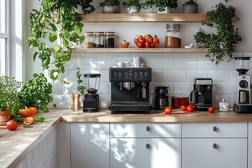Modern kitchen interior featuring coffee maker fresh produce and lush greenery for comfort
