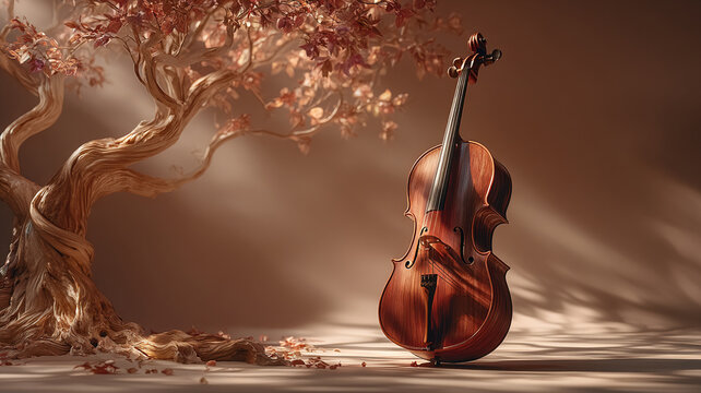 Wooden cello stands beside twisted tree with autumn leaves creating warm visuals with light and shadow in serene setting