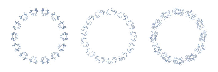 Set of round frames with hand drawn outline lobster, crab and shrimps. Design elements for menu, poster, banner, cover