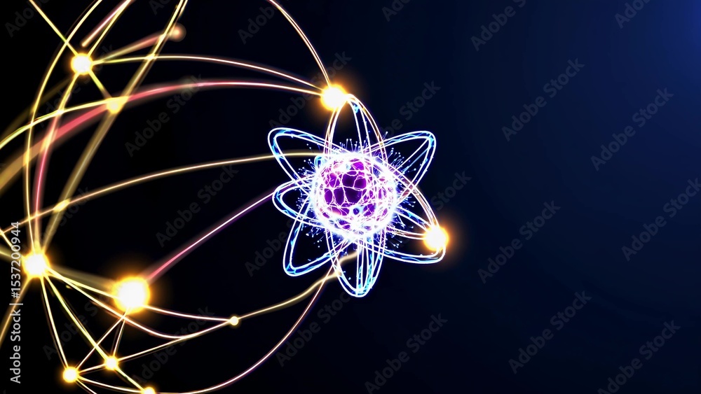 Poster glowing atom particle structure is connecting with network lines on a dark blue background, creating