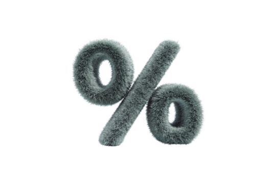 Fuzzy gray percentage symbol with soft fur texture and three-dimensional depth, isolated on a transparent background