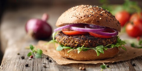 Delicious Veggie Burger with Fresh Ingredients on Rustic Wooden Table