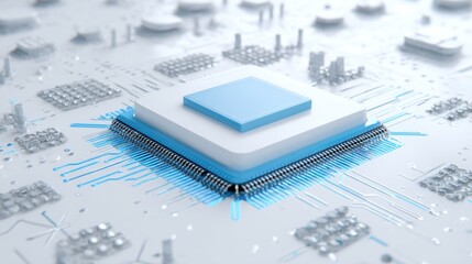 Fototapeta premium Advanced Microprocessor on a Circuit Board with Blue Highlighted Connections